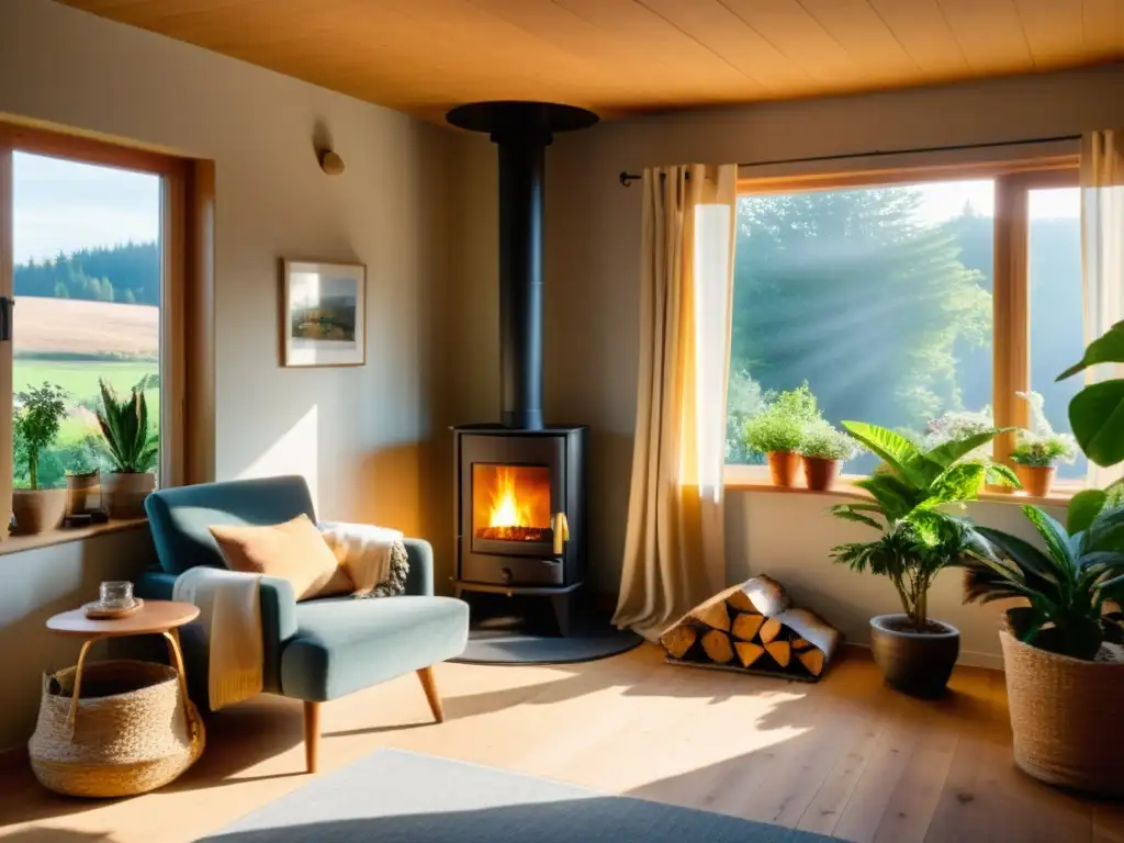 Un acogedor salón con una gran ventana orientada al sur, cubierta con cortinas gruesas y aislantes