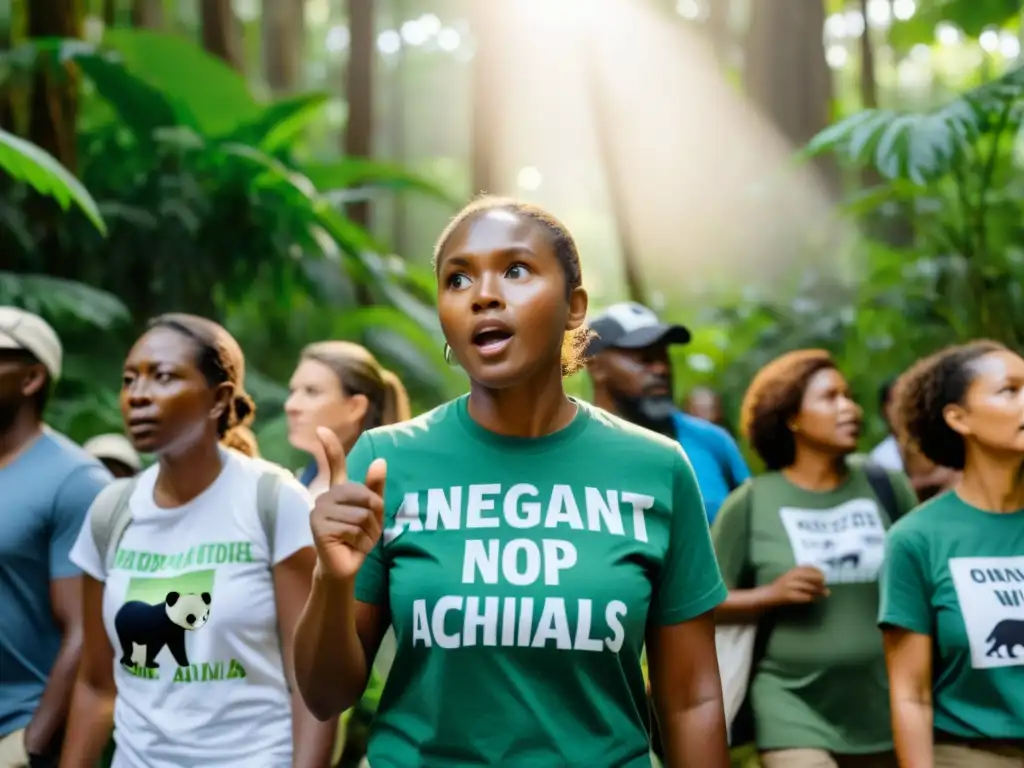 Un activista en defensa de la fauna con megáfono, rodeado de seguidores con camisetas de animales en bosque exuberante