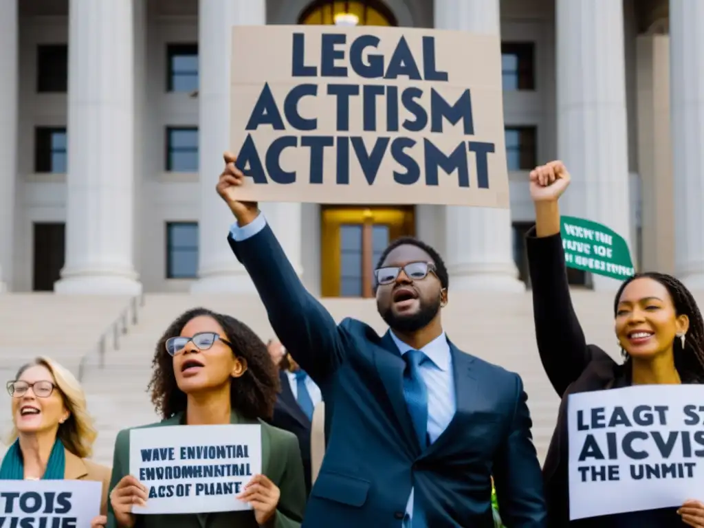 Activistas y abogados del medio ambiente muestran determinación frente al juzgado en un día nublado, reflejando el activismo legal para salvar el planeta