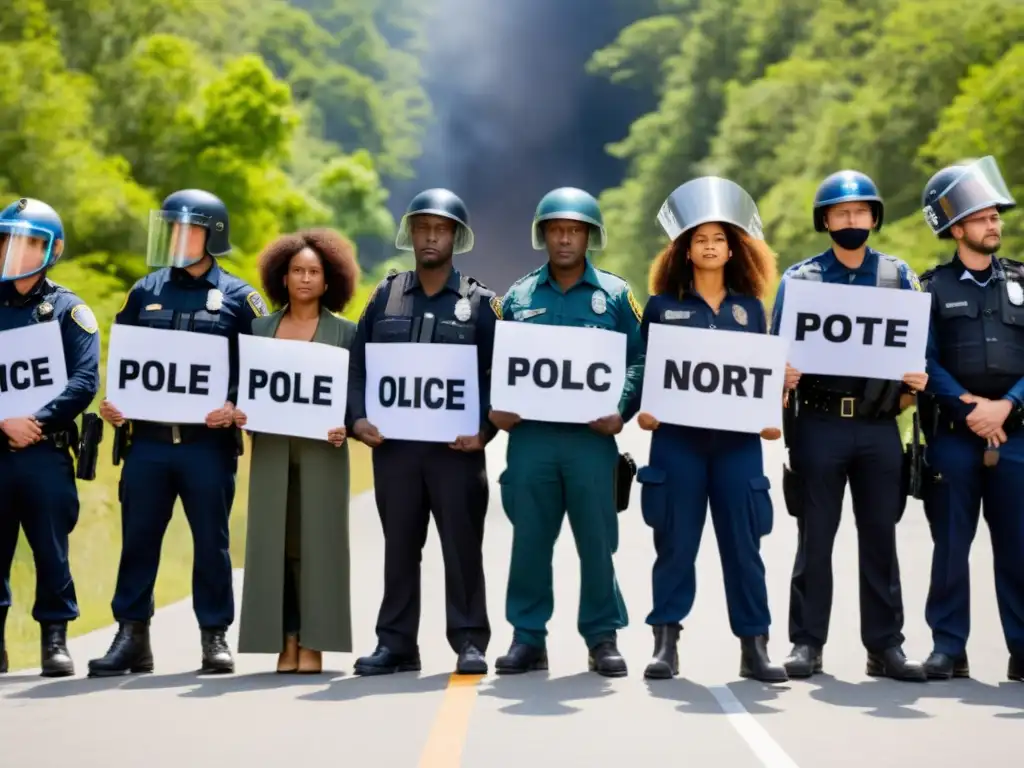 Activistas ambientales desafiantes frente a la policía en un paisaje natural impresionante