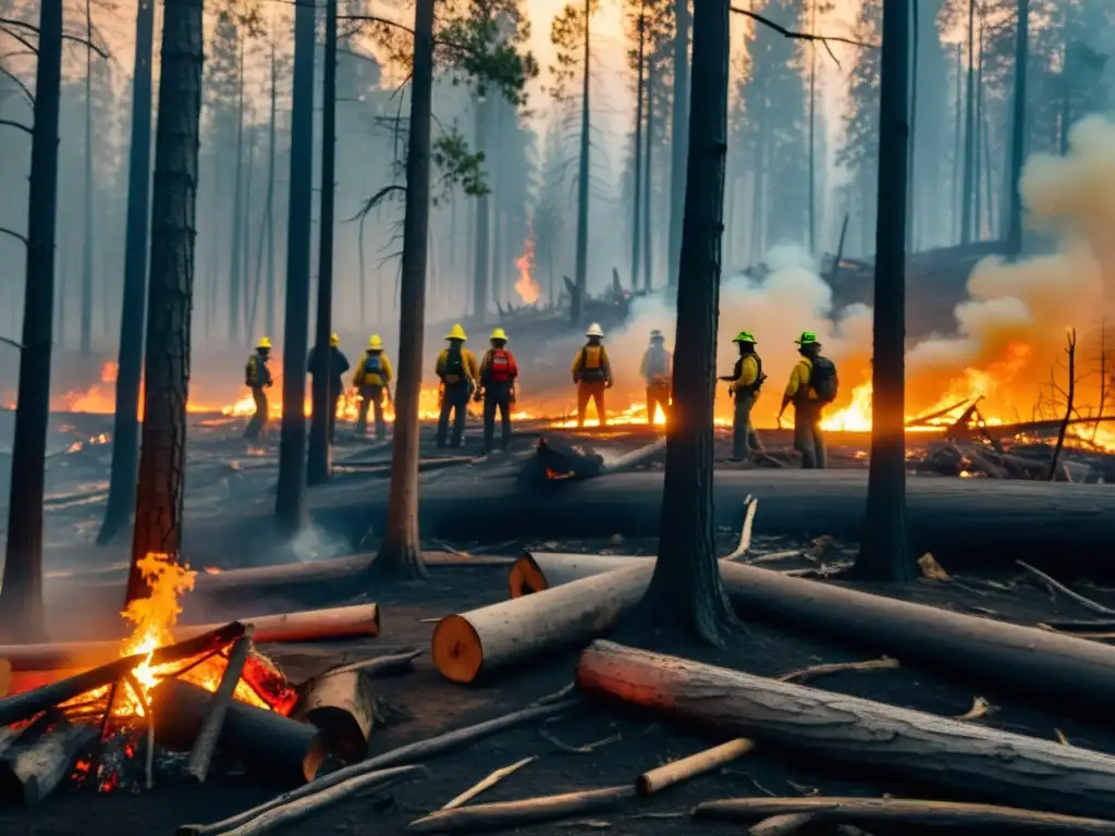 Activistas ambientales luchan contra el fuego en un bosque quemado por conflictos de recursos, mostrando dedicación y determinación