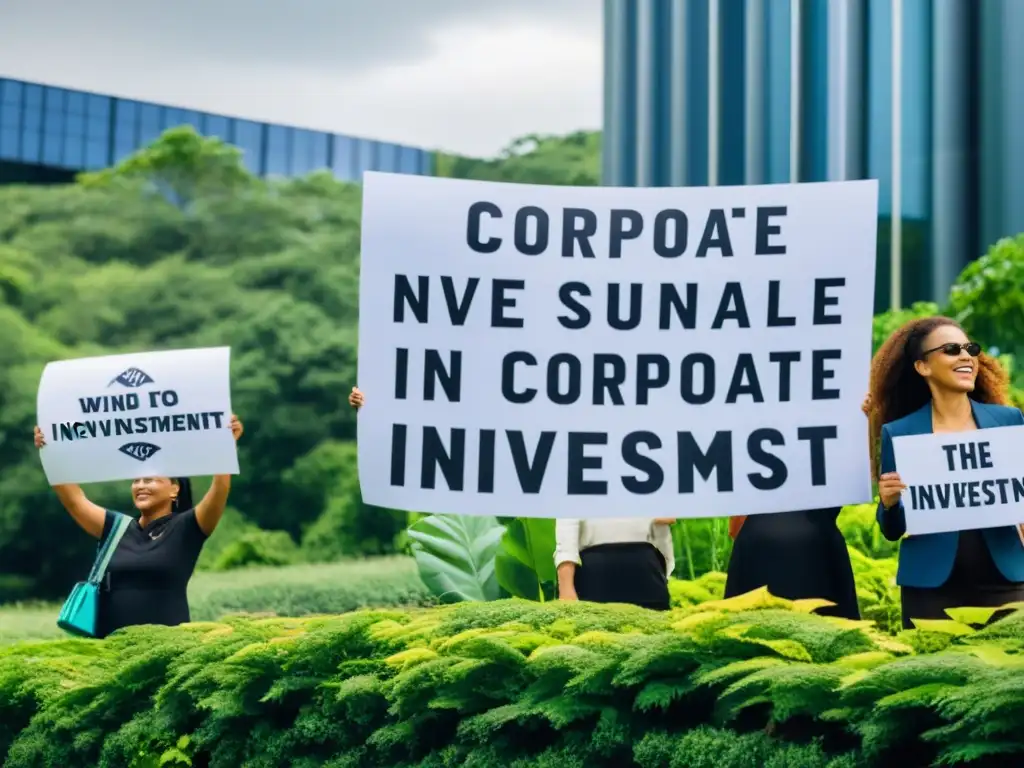 Activistas protestan por Fondos de Inversión Sostenibles influencia empresas frente a edificio corporativo y energías limpias