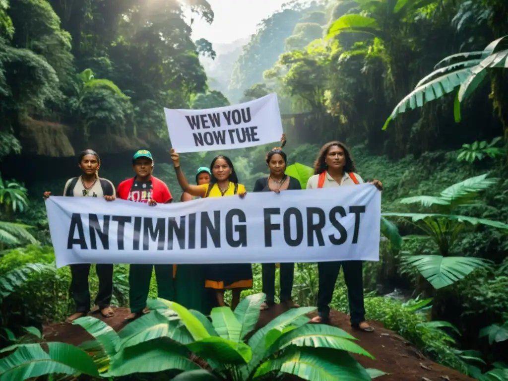 Activistas indígenas protestan contra la minería ilegal en selvas tropicales, rodeados de exuberante vegetación y vida silvestre