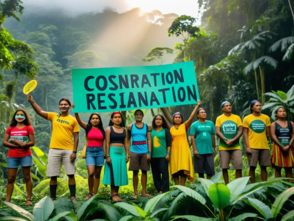 Activistas indígenas en la selva con pinturas faciales coloridas, sosteniendo carteles de resistencia en la defensa de ecosistemas