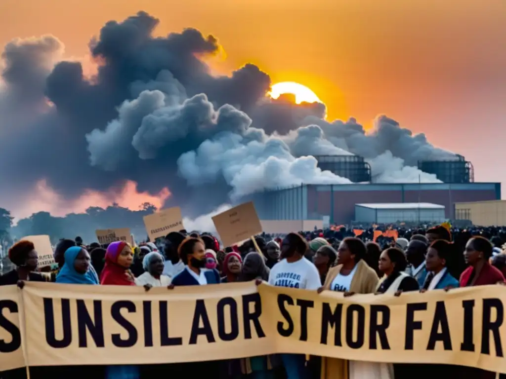 Activistas protestan por la industria textil sostenible frente a fábrica al atardecer