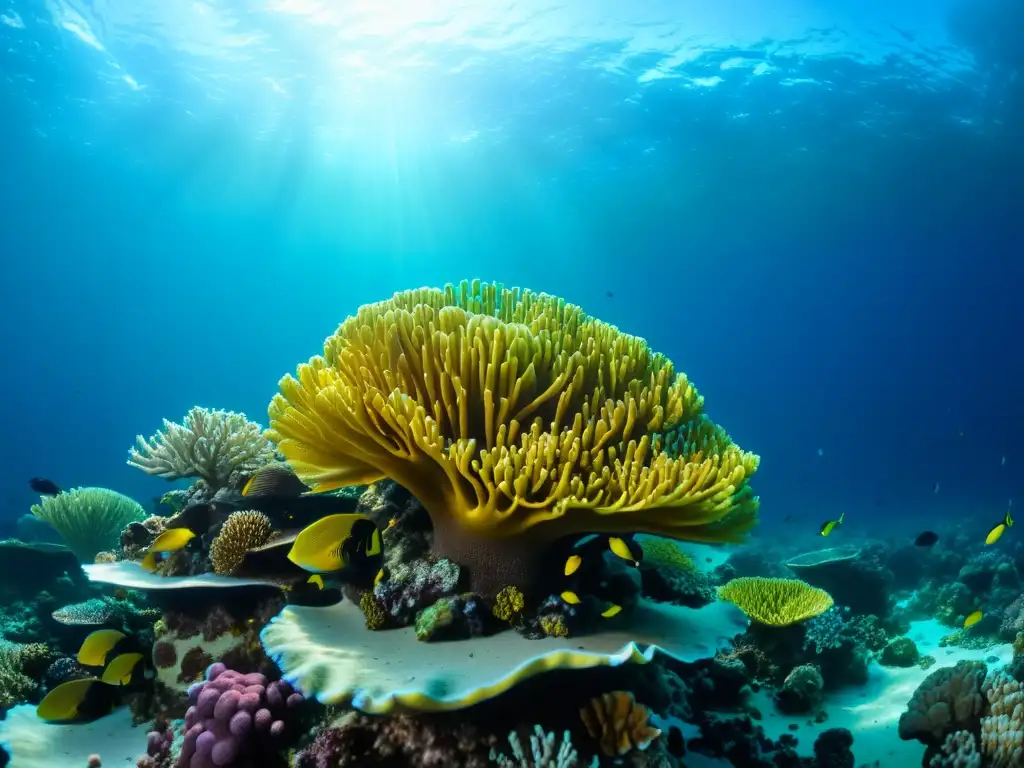 Adaptación ecosistemas acuáticos acidificación: Impresionante coral repleto de vida y color, reflejo de la complejidad y belleza submarina