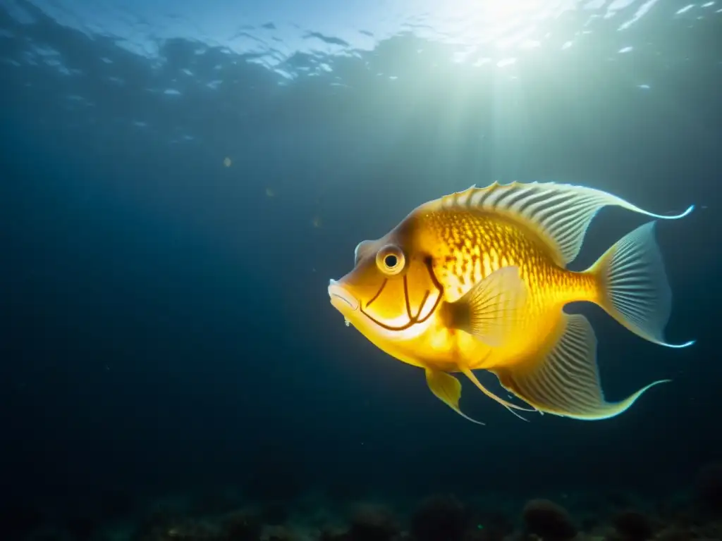 Una adaptación de peces abisales en la oscuridad del mar profundo, con luces bioluminiscentes creando una escena misteriosa y cautivadora