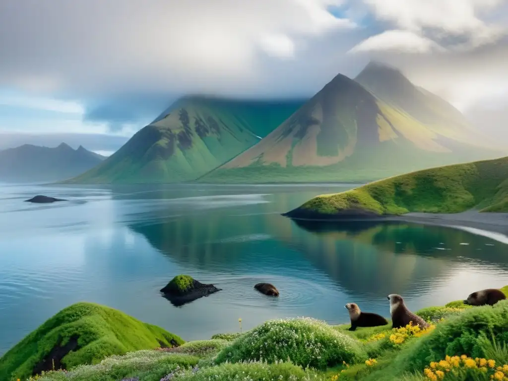 Adaptación de la vida en las Islas Aleutianas: paisaje salvaje con otters jugando y volcán al fondo