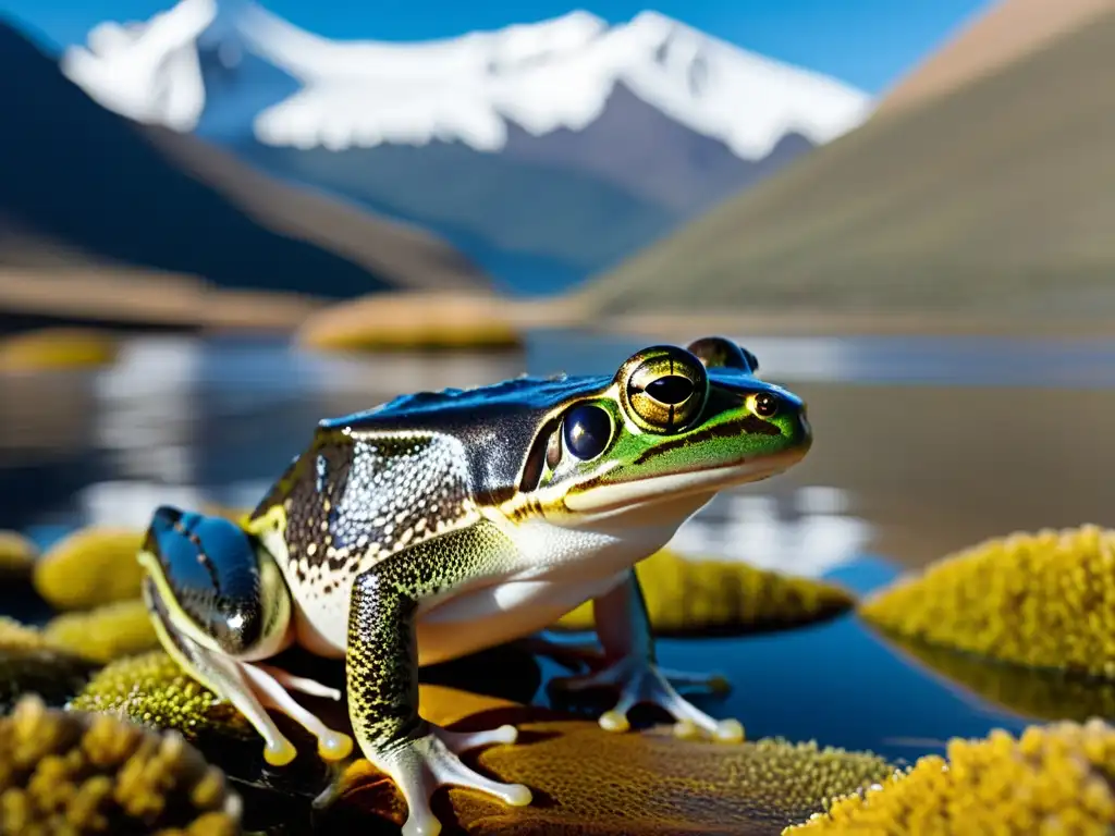 Adaptaciones de anfibios en ecosistemas fríos: Imagen de ranas de agua navegando en aguas cristalinas, rodeadas de picos andinos