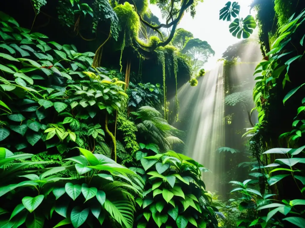 Adaptaciones de plantas trepadoras en exuberante selva tropical, luchando por la luz del sol entre densa vegetación