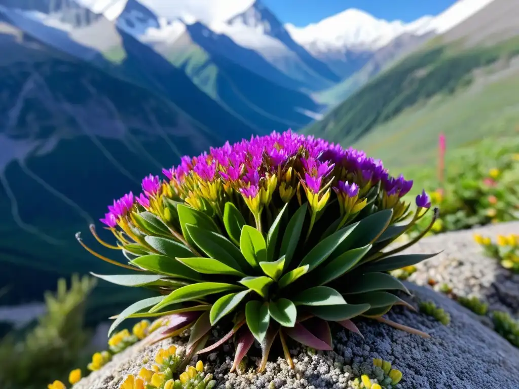 Adaptaciones únicas flora fauna montaña: Detalle de planta almohadilla de alta montaña con flores púrpuras, rosas y amarillas entre picos nevados