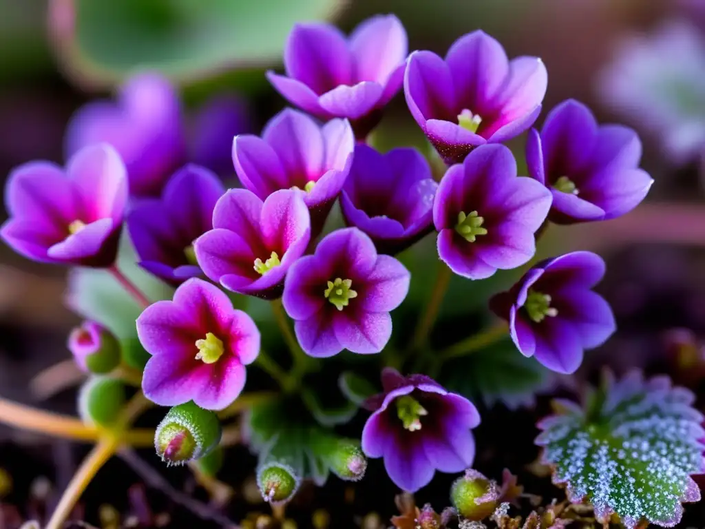 Adaptaciones vegetales suelos congelados: Saxifraga oppositifolia, planta púrpura vibrante, flora tundra