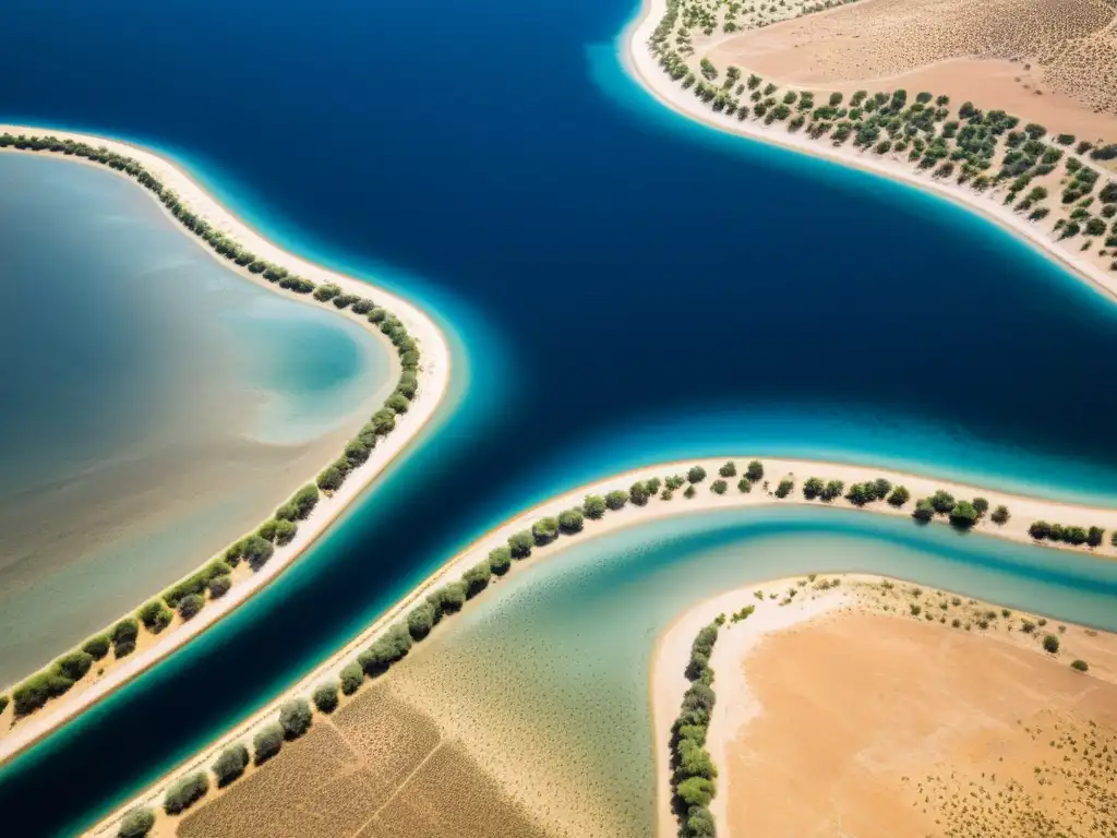 Fotografía aérea impresionante de la árida costa mediterránea, con la red de acueductos y embalses que forman la gestión de recursos hídricos