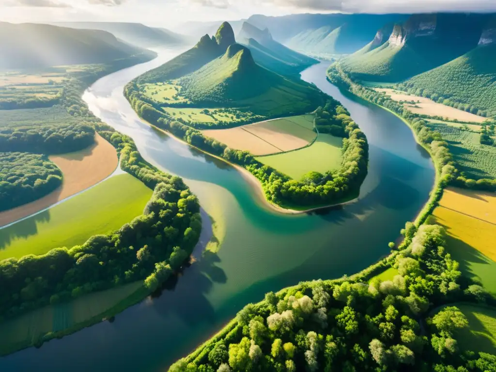 Una fotografía aérea impresionante muestra un río serpenteando a través de un exuberante paisaje verde, resaltado por el cálido brillo del sol