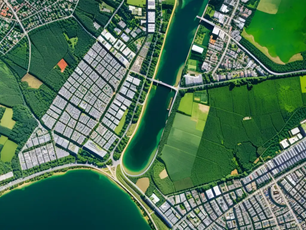 Una fotografía aérea de alta resolución muestra cómo la urbanización afecta el clima local, con islas de calor urbanas y áreas naturales