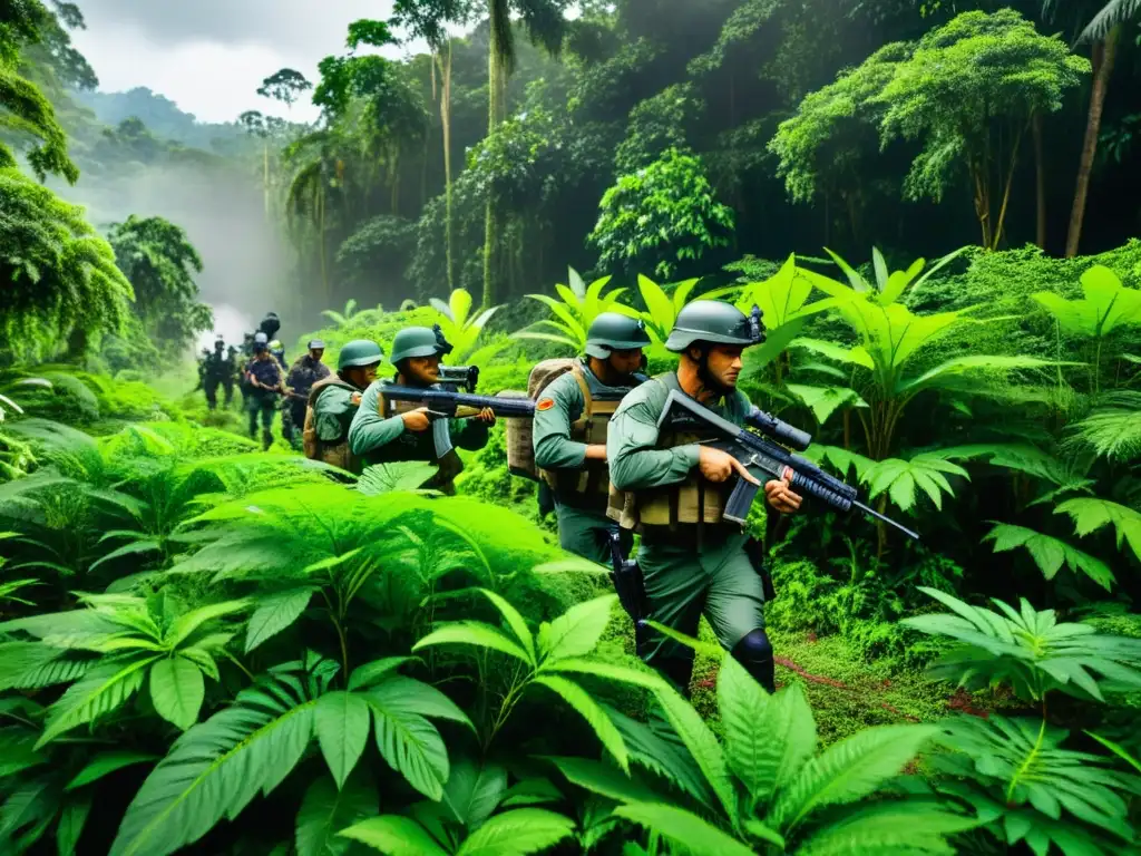 Agentes gubernamentales armados realizan redada en laboratorio de drogas en la selva, destacando el impacto del narcotráfico en los ecosistemas