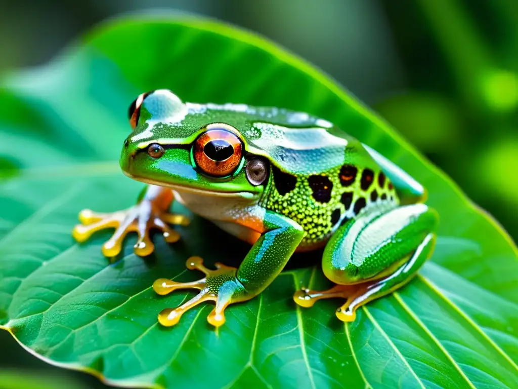 Un ágil árbol rana de Borneo reposa sobre una hoja, con su piel translúcida y ojos brillantes, en un encuentro cercano con la naturaleza en Borneo