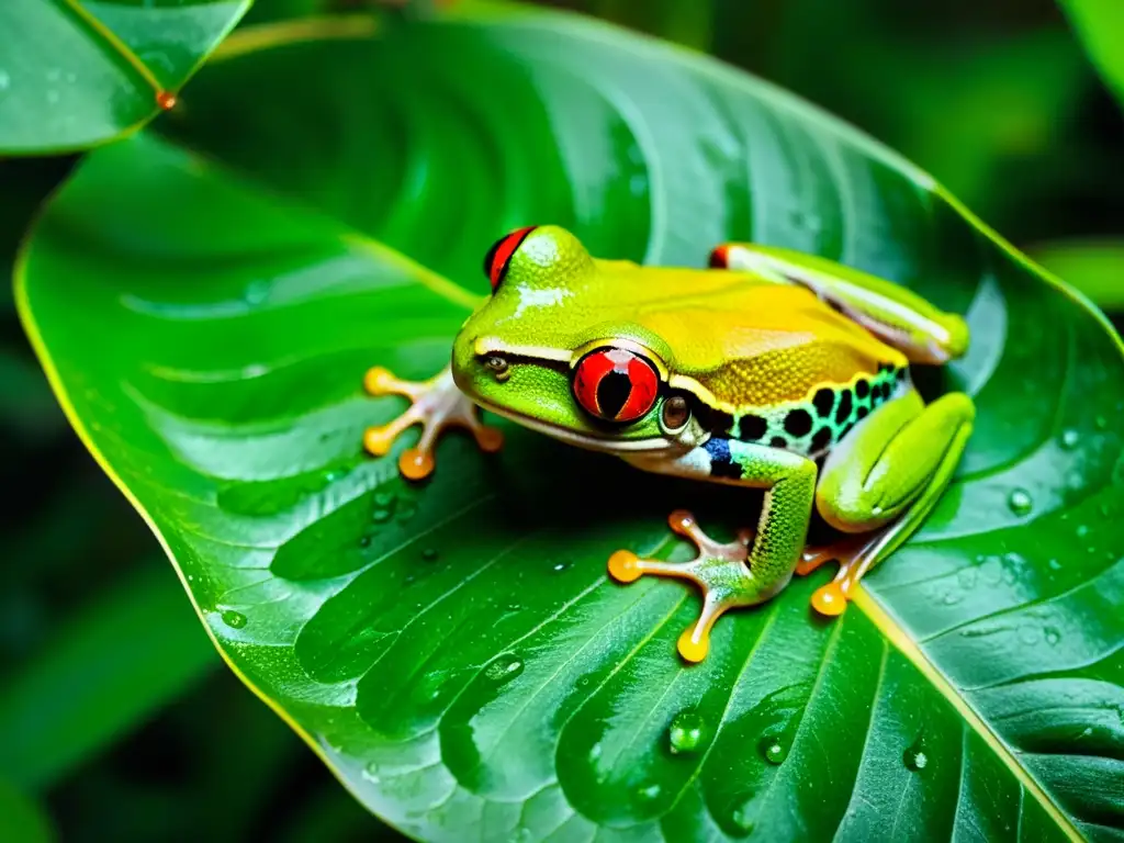 Un ágil y colorido árbol rana se aferra a una hoja brillante en la selva tropical