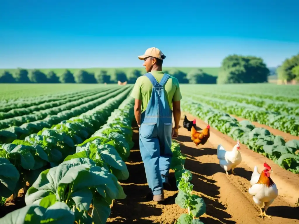 Un agricultor cuida de sus animales en una granja orgánica, rodeado de cultivos y árboles frutales