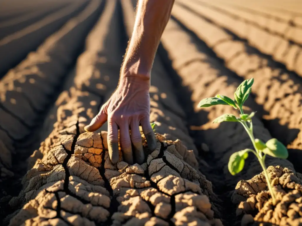 Un agricultor examina un campo de cultivo afectado por la sequía bajo el sol abrasador, destacando las adaptaciones agricultura cambio climático