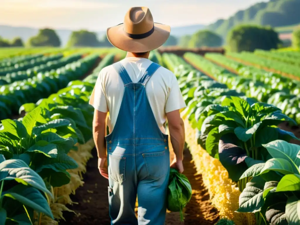 Un agricultor cuida con cariño sus cultivos en una granja orgánica, con efecto elecciones alimentarias conservación