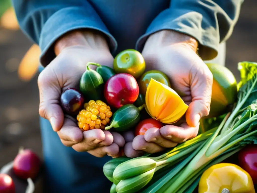 Un agricultor sostiene con cuidado alimentos orgánicos para reducir carga sanitaria, mostrando colores vibrantes y texturas detalladas