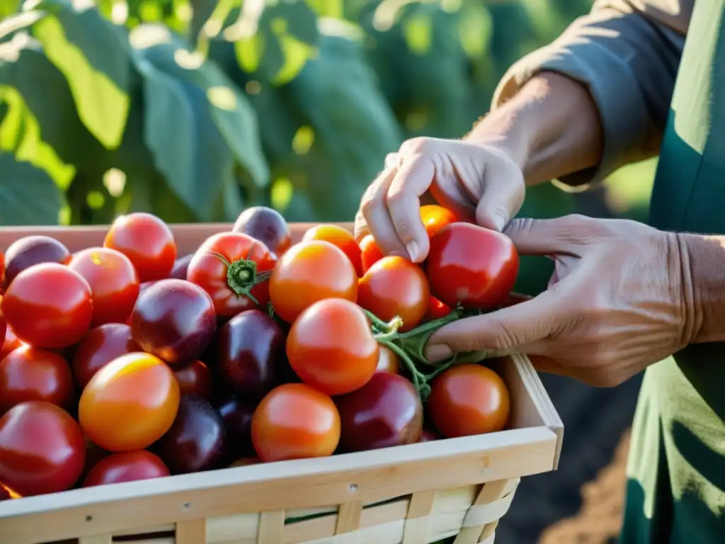 Un agricultor inspecciona con cuidado una cesta de frutas y verduras orgánicas recién cosechadas