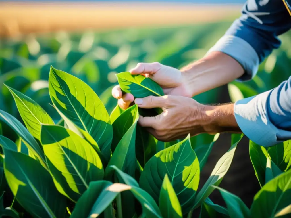 Un agricultor inspecciona con cuidado un cultivo resistente a la sequía en un campo soleado, destacando las adaptaciones agricultura cambio climático