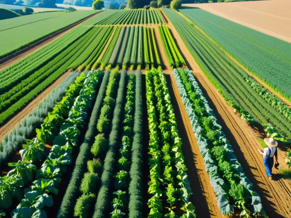 Un agricultor atiende con cuidado a sus cultivos en una granja orgánica bajo un cielo azul