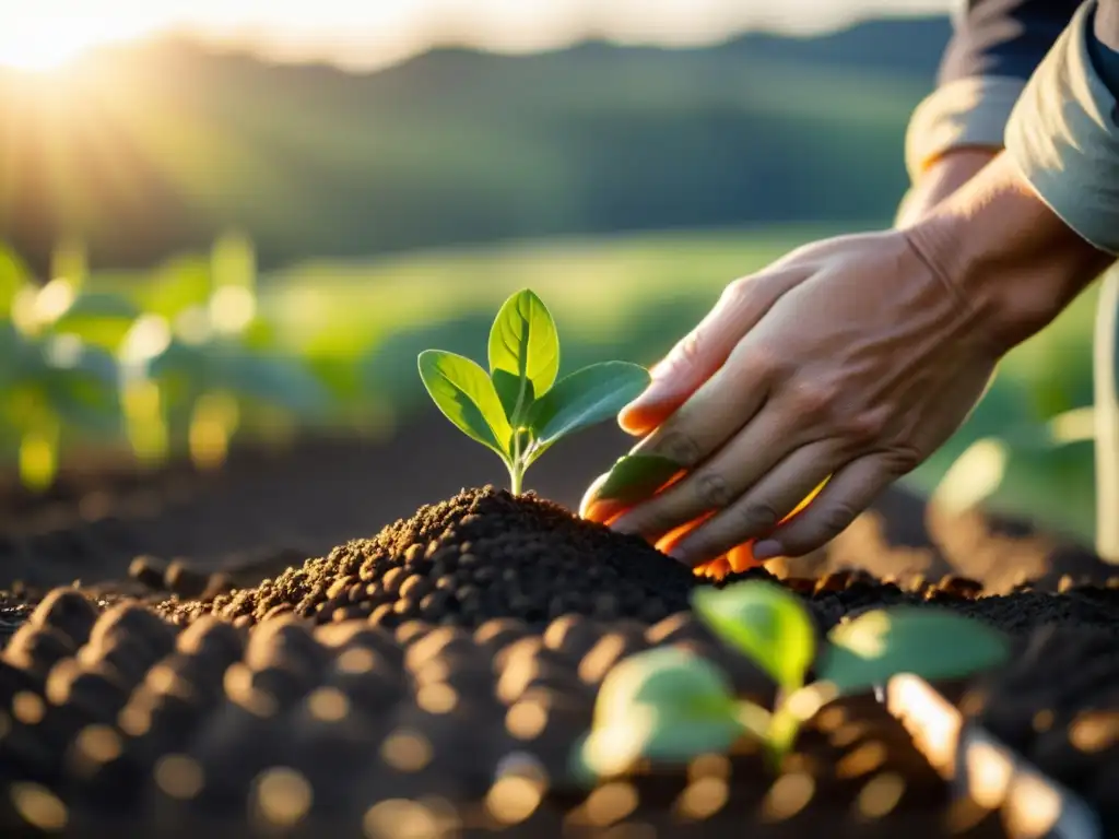 Un agricultor siembra con cuidado en técnicas de agricultura conservación, creando armonía con ecosistemas saludables