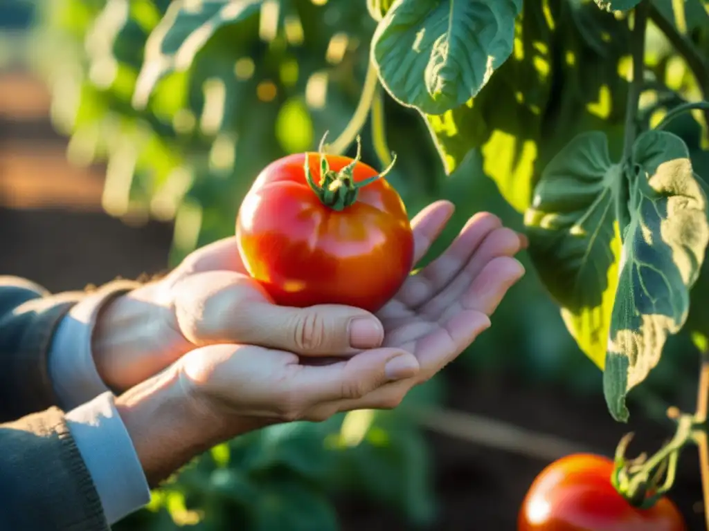 Un agricultor inspecciona con cuidado tomates orgánicos en un campo bañado por el sol