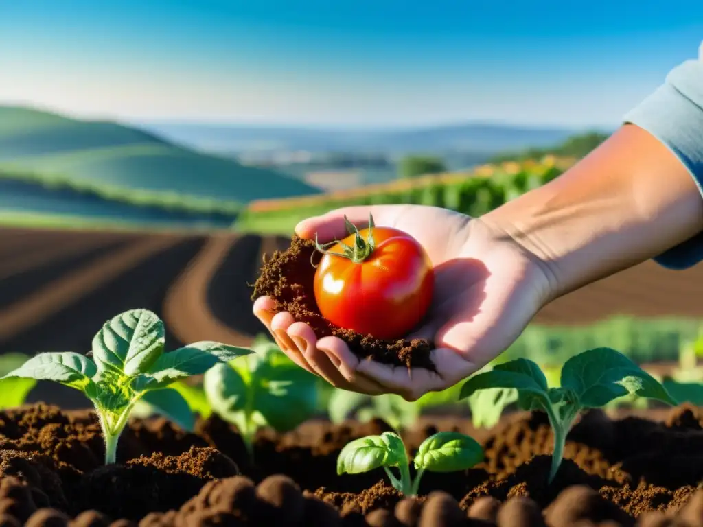 Un agricultor inspecciona con cuidado los vibrantes productos orgánicos en un campo soleado