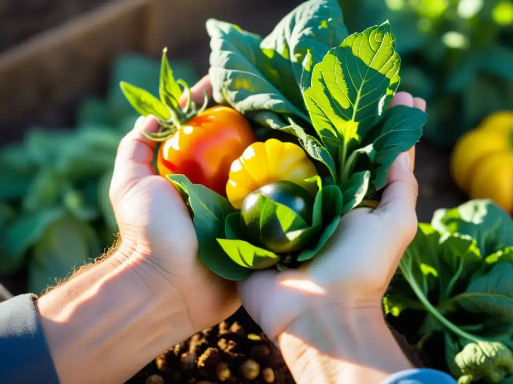 Un agricultor cuidadoso sostiene delicadamente vegetales orgánicos recién cosechados, destacando colores vibrantes y texturas naturales