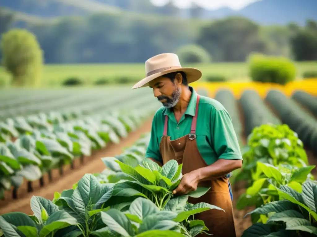 Un agricultor cuida con esmero cultivos adaptados al cambio climático en un campo soleado, mostrando la esencia de la agricultura adaptativa