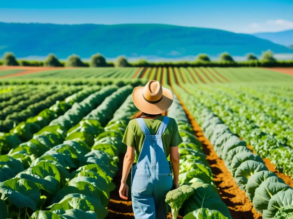 Un agricultor feliz inspecciona cultivos orgánicos, bajo el cálido sol