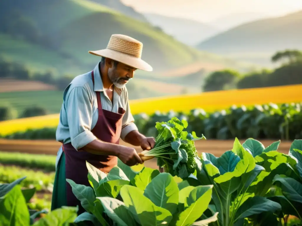 Un agricultor local cuida con esmero una diversidad de cultivos orgánicos en un campo exuberante, destacando los beneficios del movimiento slow food