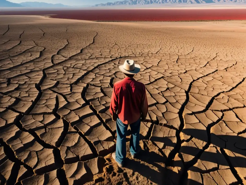 Un agricultor solitario observa preocupado sus cultivos marchitos en un paisaje árido y desafiante