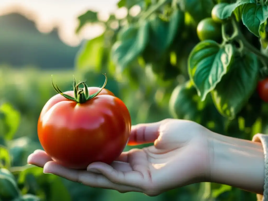 Un agricultor inspecciona orgullosamente un tomate orgánico, mostrando la calidad y belleza de los productos sostenibles