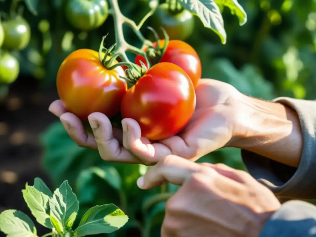 Un agricultor recolecta tomates maduros en un jardín orgánico, mostrando la transición a dieta orgánica sin estrés