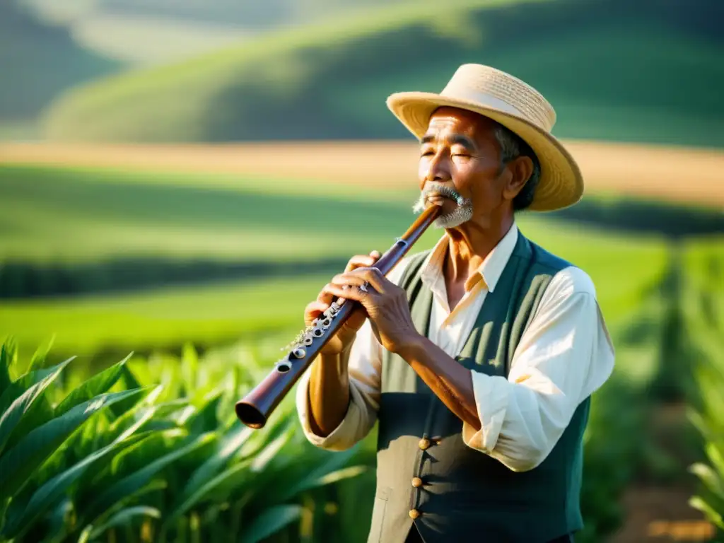 Un agricultor tradicional toca una flauta en un campo soleado, conectando los sonidos ancestrales con la tierra fértil