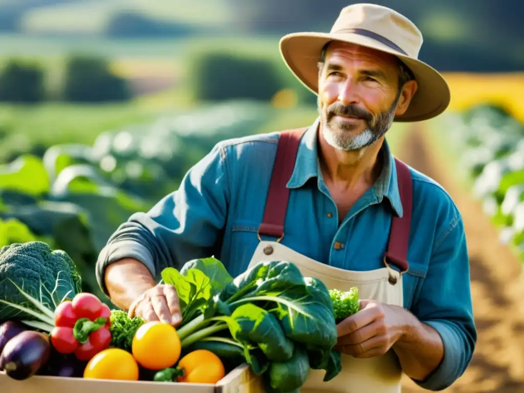 Un agricultor inspecciona cuidadosamente verduras orgánicas recién cosechadas en un campo soleado, mostrando los beneficios del consumo de alimentos orgánicos