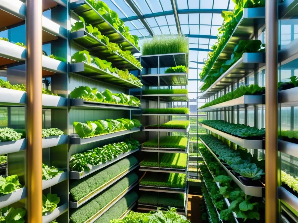 'Agricultura vertical sostenible en áreas urbanas: Una granja vertical con plantas exuberantes en una ciudad vibrante