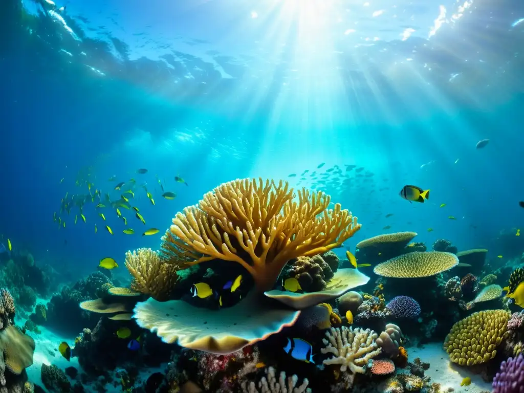 Bajo el agua, un vibrante arrecife de coral rebosa vida marina en la Gran Barrera de Coral, creando un paisaje submarino deslumbrante