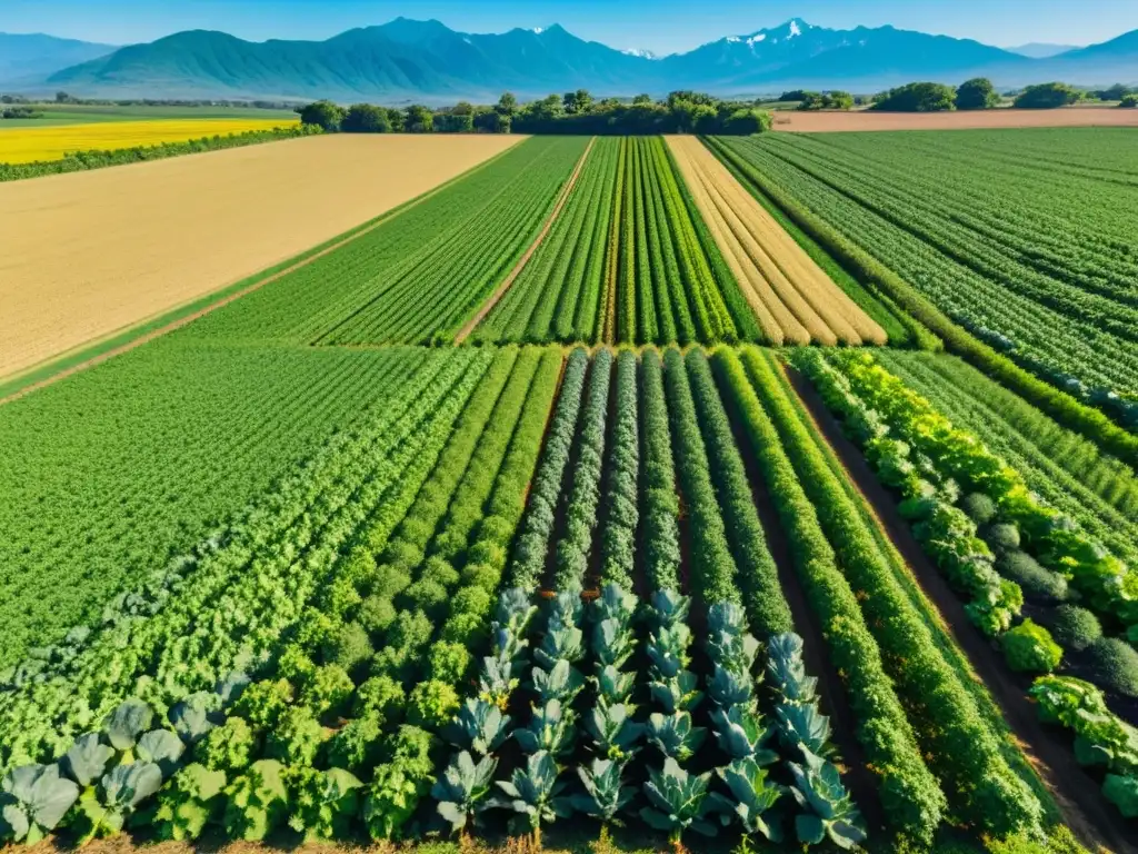 Granja agrícola de alimentos a base de plantas y clima, con campos de vegetales verdes bajo el cálido sol y cielo azul