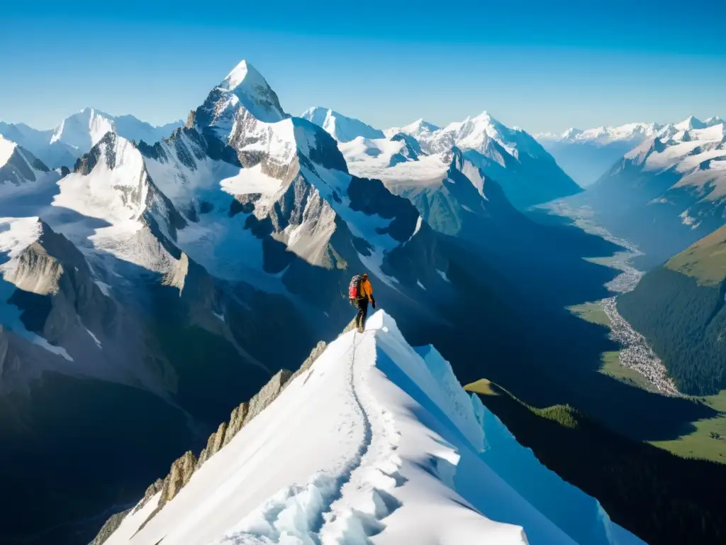 Un alpinista desafiando una estrecha cresta en las altas montañas, rodeado de picos nevados y glaciares