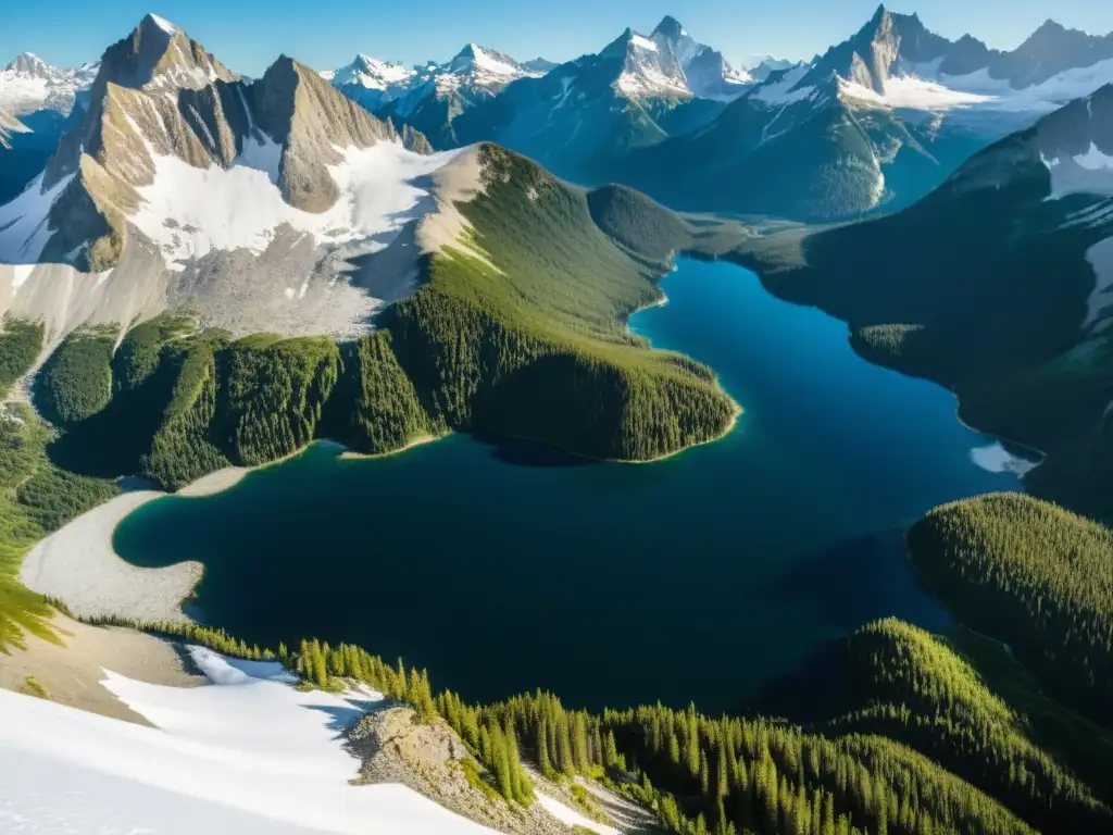 Biodiversidad ecosistemas alpinos sorprendente: Vista aérea de ecosistema alpino con picos nevados, lagos y vida salvaje