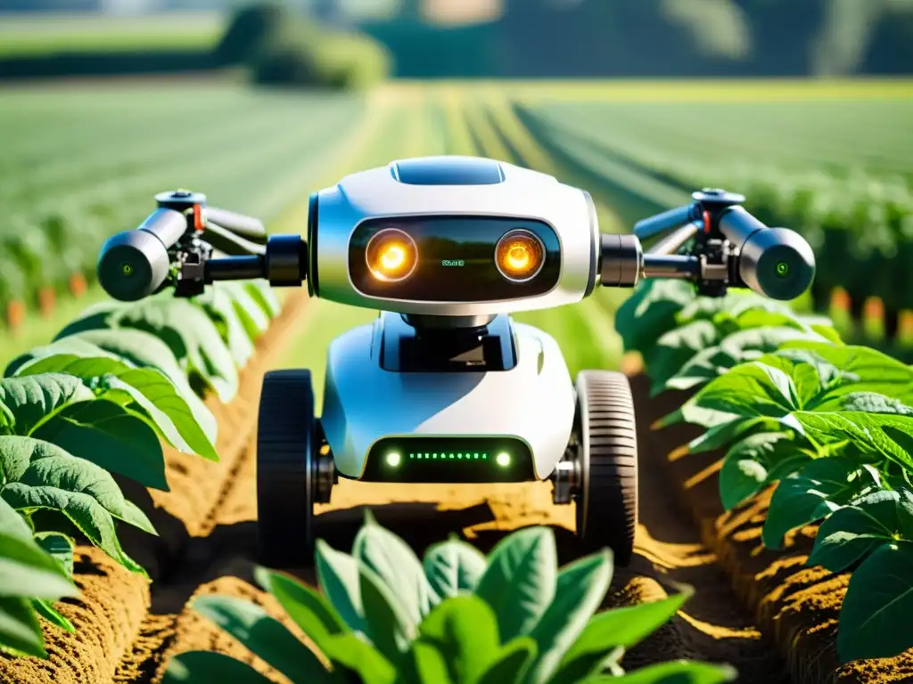 Un robot agrícola de alta tecnología navegando en un campo verde, fusionando la robótica y la agricultura sostenible