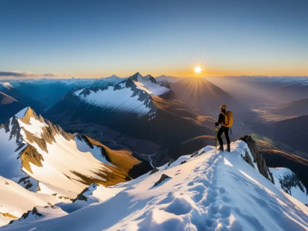 Fotografía en altas montañas: Vista panorámica desde la cima nevada, con una figura capturando la majestuosa escena al atardecer