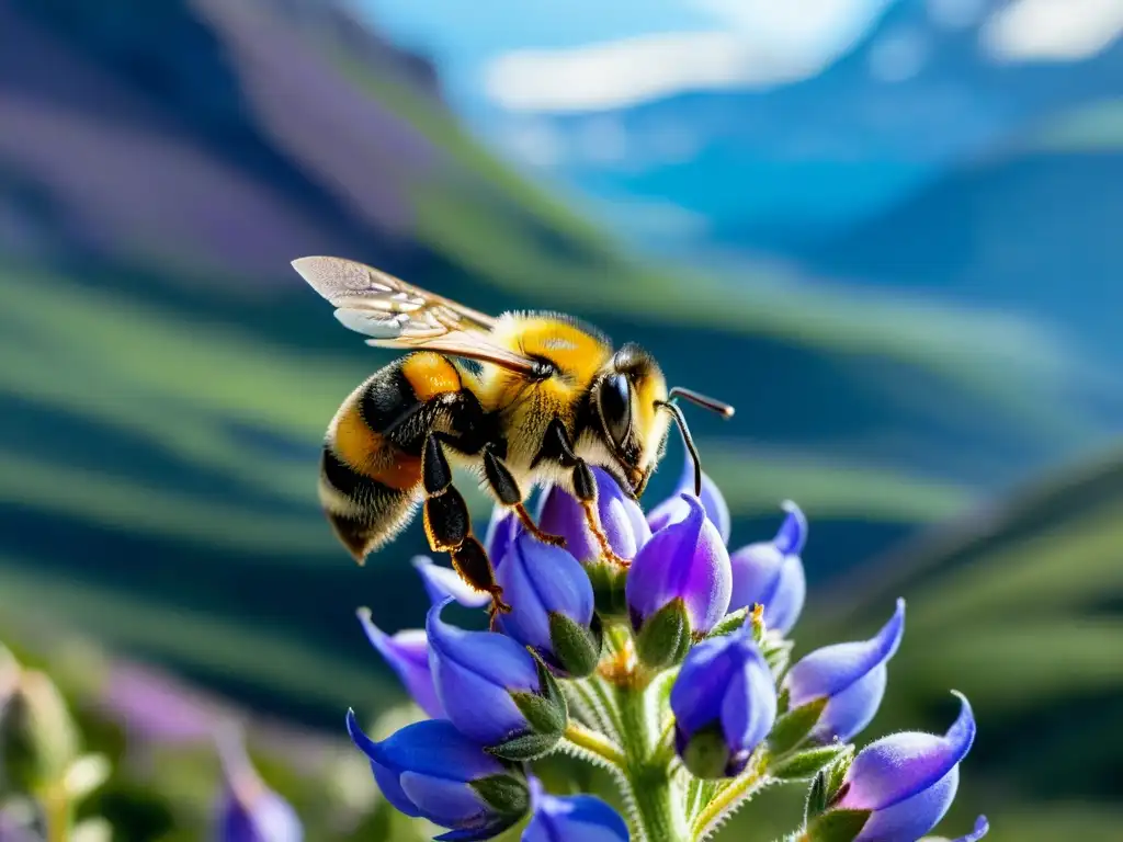 Polinización en altitudes extremas: Detalle de una abeja cubierta de polen, junto a una lupina púrpura en las montañas ventosas