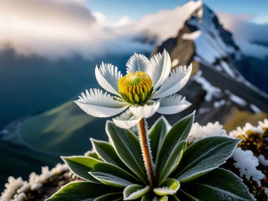 Polinización en altitudes extremas: Detalle de flor cubierta de hielo, con montaña nebulosa al fondo